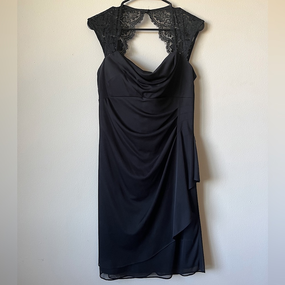 Black ruffle dress with lace cap sleeves
